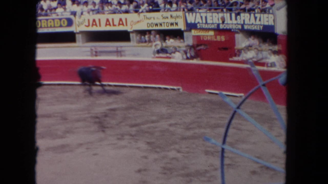 Black bull crossing sandy bullfighting arena; bourbon whiskey and Jai Alai advertising banners visible in stands; prominent blue film artifact overlays image.