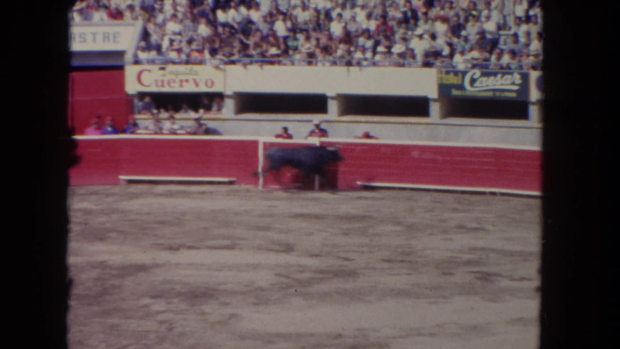 8mm color footage circa 1962 of a bullfighting arena showing the sandy floor, red barrera, crowded stands, and Cuervo and Hotel Caesar advertising banners.