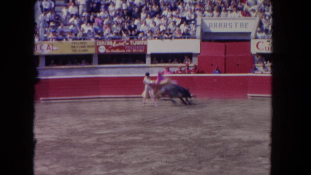 Matador with bright pink cape faces a dark bull in an outdoor arena c.1962, possibly Tijuana; advertising banners and packed stands visible in background.