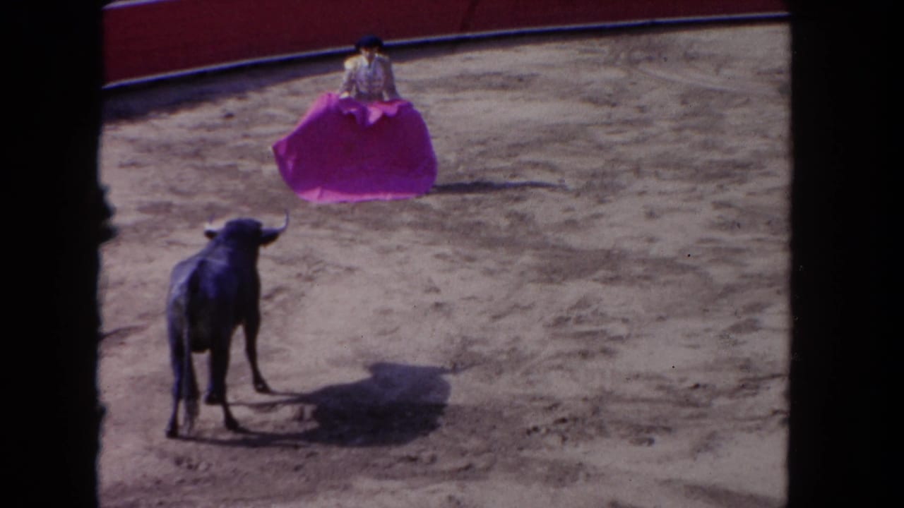 Matador with pink cape faces a black bull in a sandy arena.