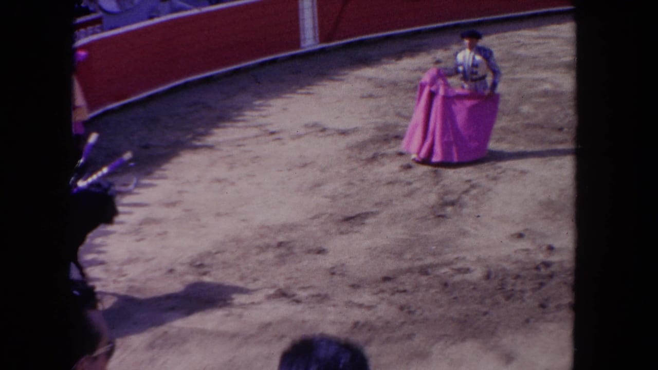Matador with pink cape stands in a sandy arena as a bull enters from the left edge.