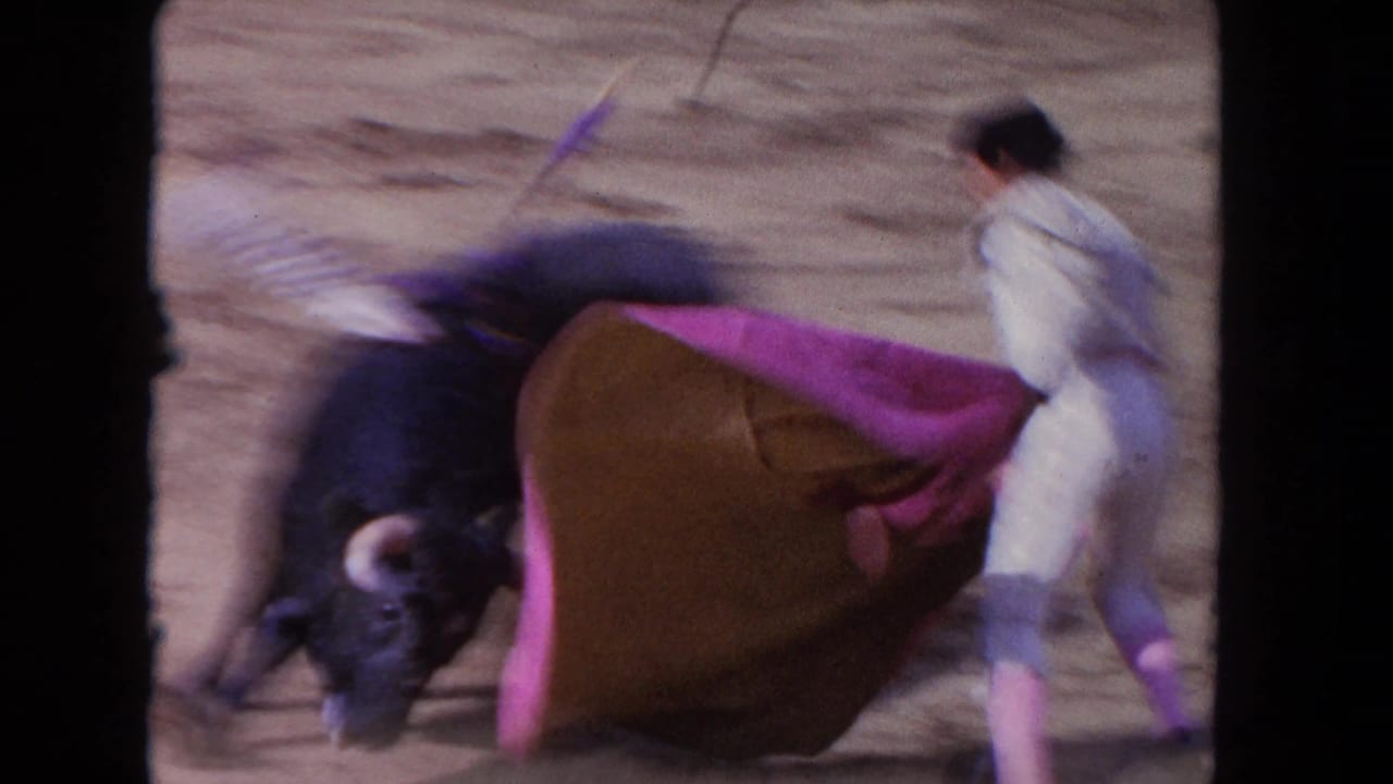 Matador with a pink cape faces a charging black bull in a sandy arena.