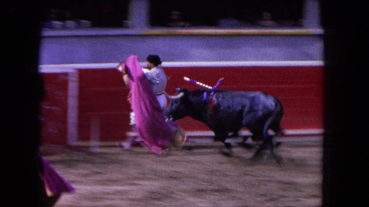 1962 Los Angeles 8mm frame showing a black bull moving toward pink fabric held by a matador near red-and-white arena boards.