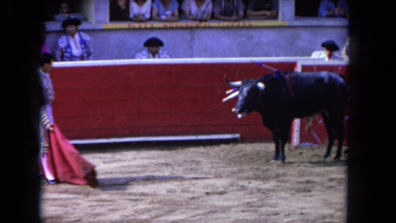 Matador holding a red cape faces a black bull in a sandy arena.