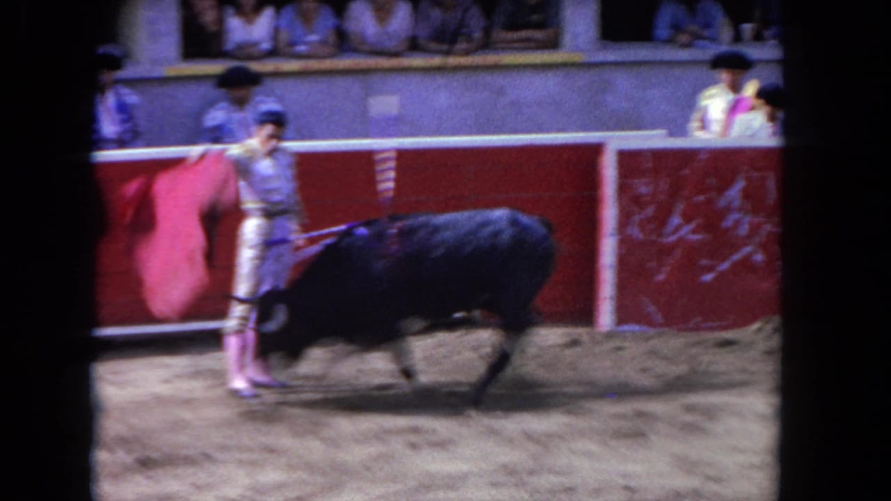 Matador with a red cape faces a black bull in a sandy arena.