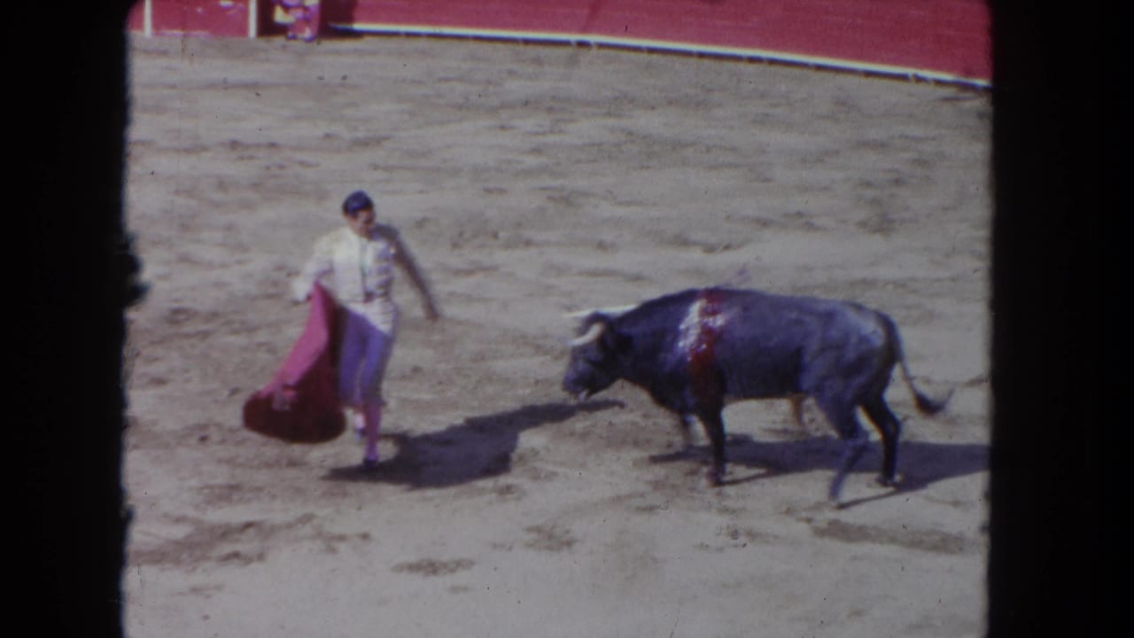 Matador in white costume holds red cape beside a wounded dark bull in a sandy arena.