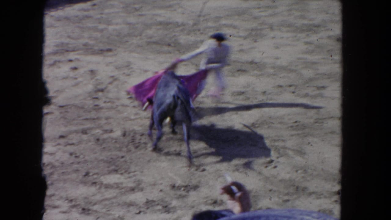 Matador extends a pink-red cape toward a dark charging bull in a sandy arena; a second figure is visible crouched in the lower frame.