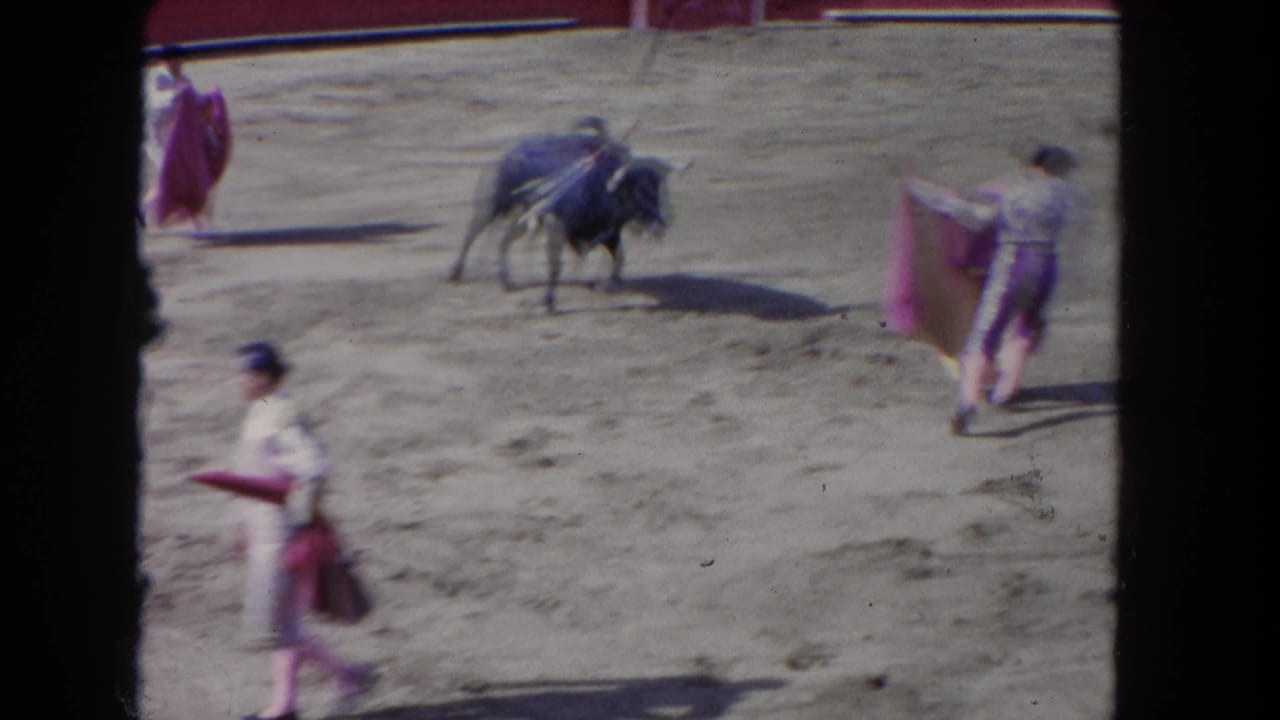 Two matadors and a dark bull in a sand arena; a magenta cape is extended toward the bull.