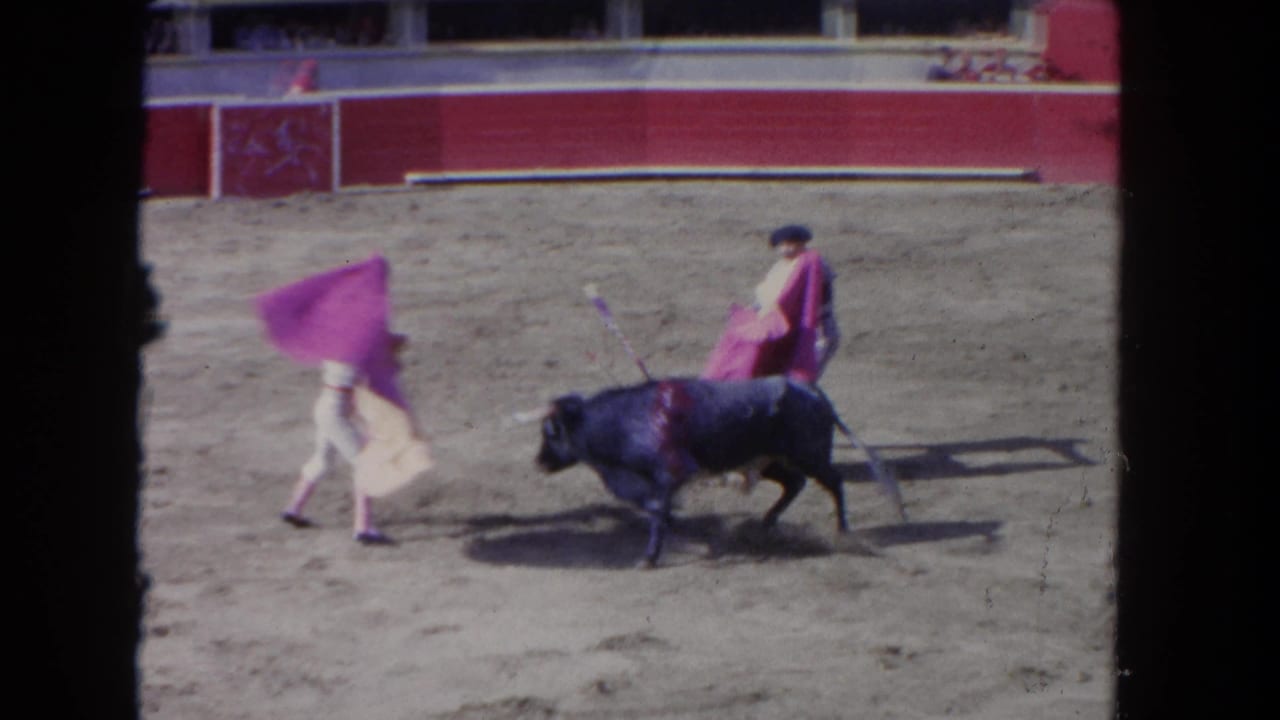 Two matadors and a dark bull in a sandy bullfight arena, pink capotes extended wide.