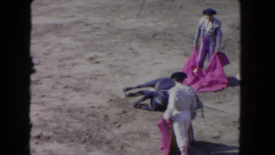 Wider arena shot showing matador and a second figure near the fallen bull, magenta cape draped, filmed from elevated spectator vantage, circa 1962