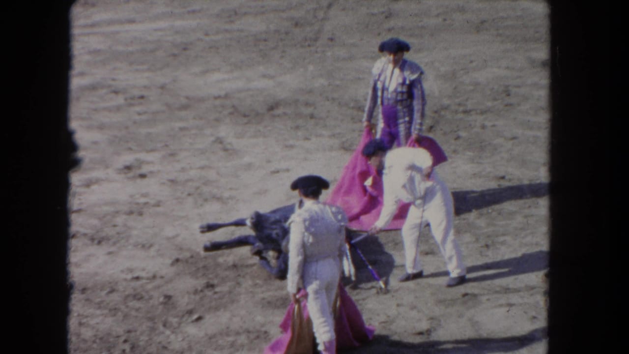 Matador in embroidered purple suit holds a magenta cape as an assistant in white bends over the downed bull in the arena.