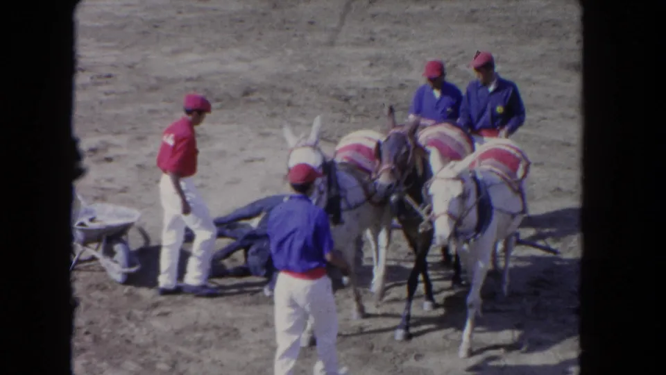 8mm home movie frame ca. 1962: close view of handlers in red hats and blue shirts with donkeys displaying painted red stripe markings, characteristic of mid-century border-region tourist attractions.