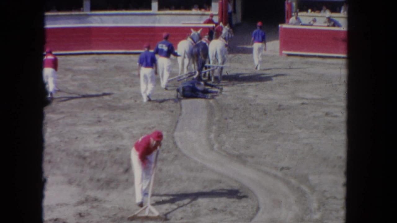 Workers in red uniforms rake the dirt floor of a large outdoor arena while a white horse and blue-uniformed handlers are visible in the background.