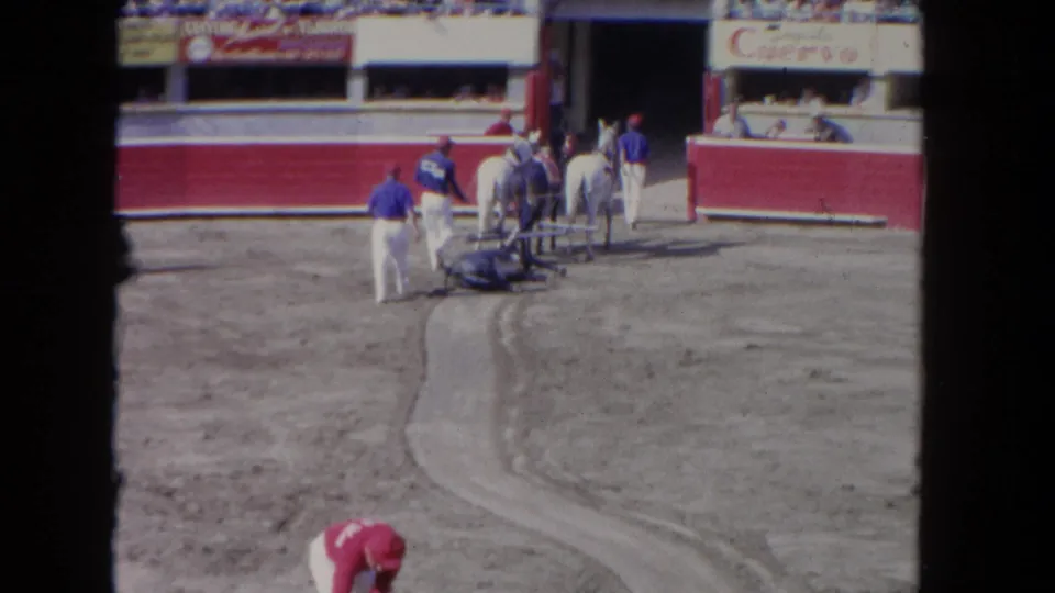 8mm color film circa 1962: arena workers and a white horse active on the dirt floor, with Cuervo brand advertising legible on the stands facade at upper right.