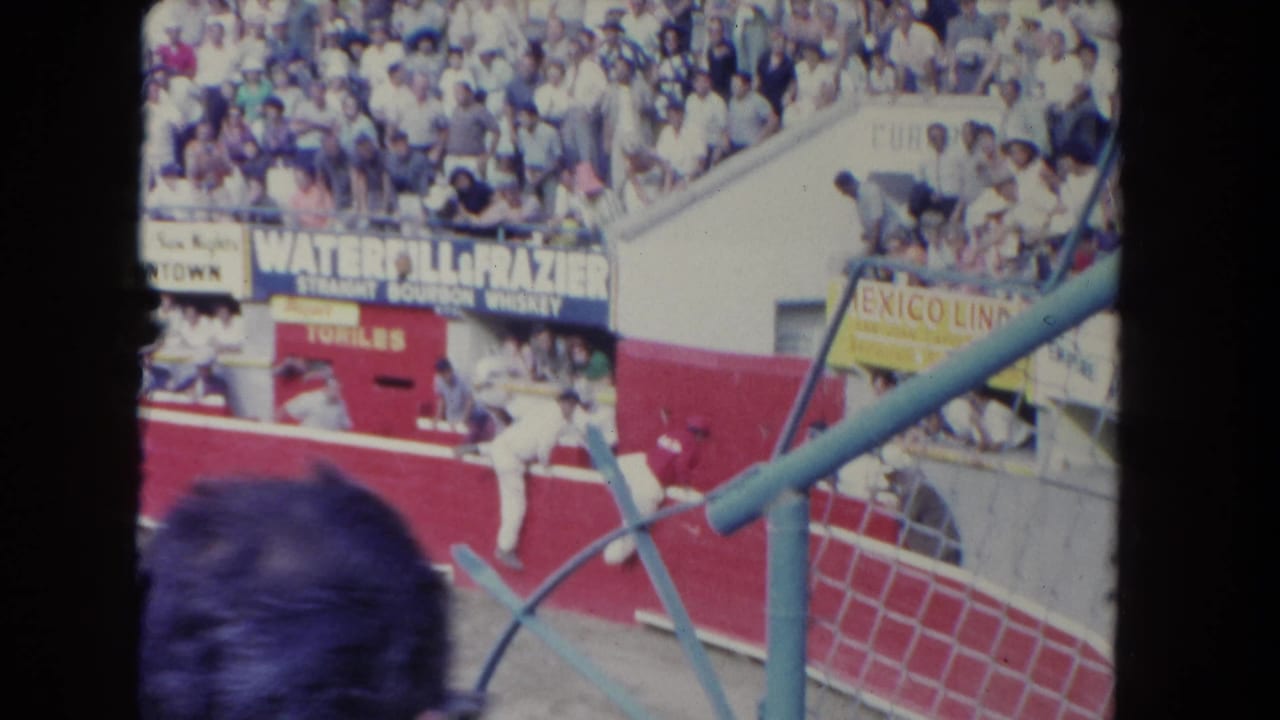 Close-up of a bull in motion near the arena fence, heavily motion-blurred; Waterfall & Frazier billboard and crowded grandstands visible behind.