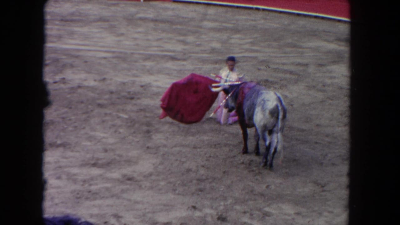 8mm home movie, circa 1962: matador in pink traje de luces performing a cape pass alongside a grey bull in a sand arena.