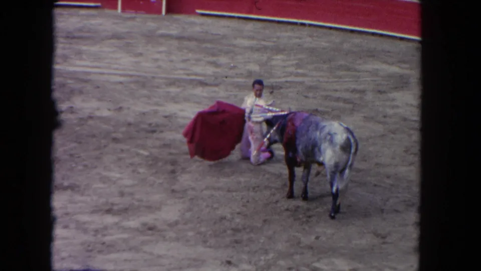 8mm home movie, circa 1962: matador in pink suit of lights beside a grey bull with red cape extended in a sandy corrida arena.