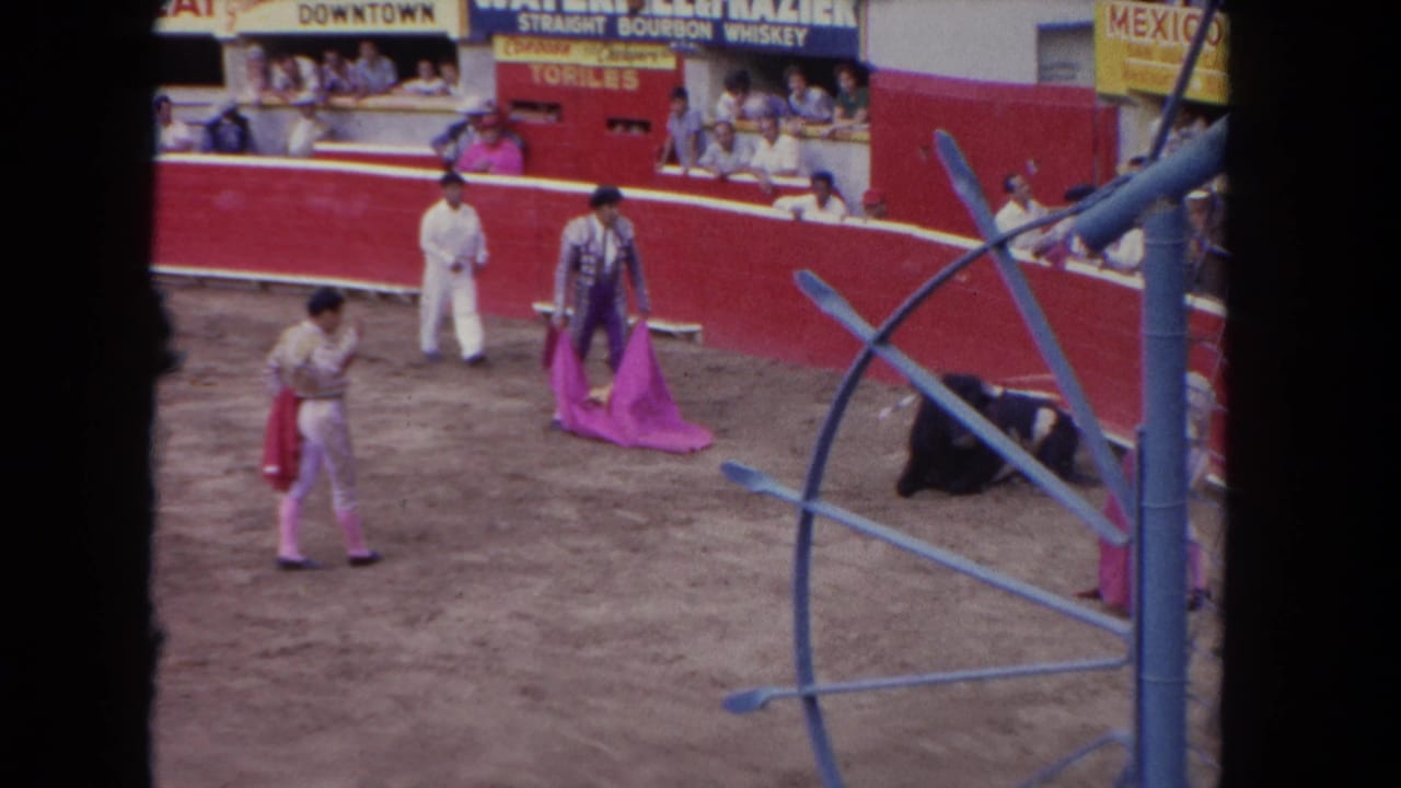 Matadors in magenta stand in a sand arena; a blue circular metal structure appears at right and advertising banners including a 'MEXICO' sign are visible above the stands.