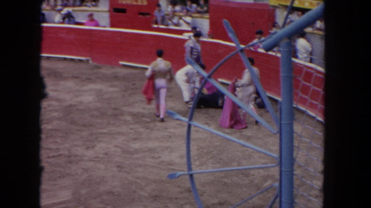 Matadors in white and pink costumes walk the sandy arena floor, seen from spectator stands through blue metal poles in the foreground.