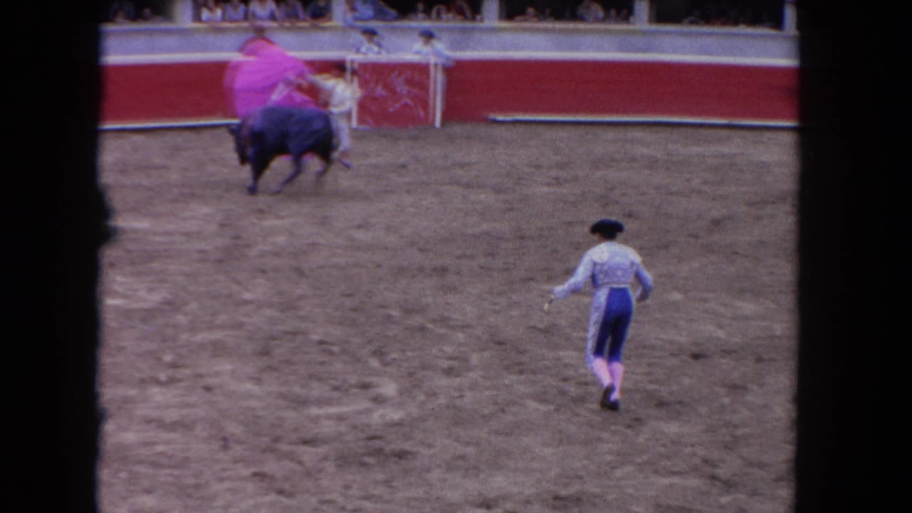 Wide arena shot of a matador in a light blue suit with a dark bull and pink cape visible; spectators fill the stands in the background.