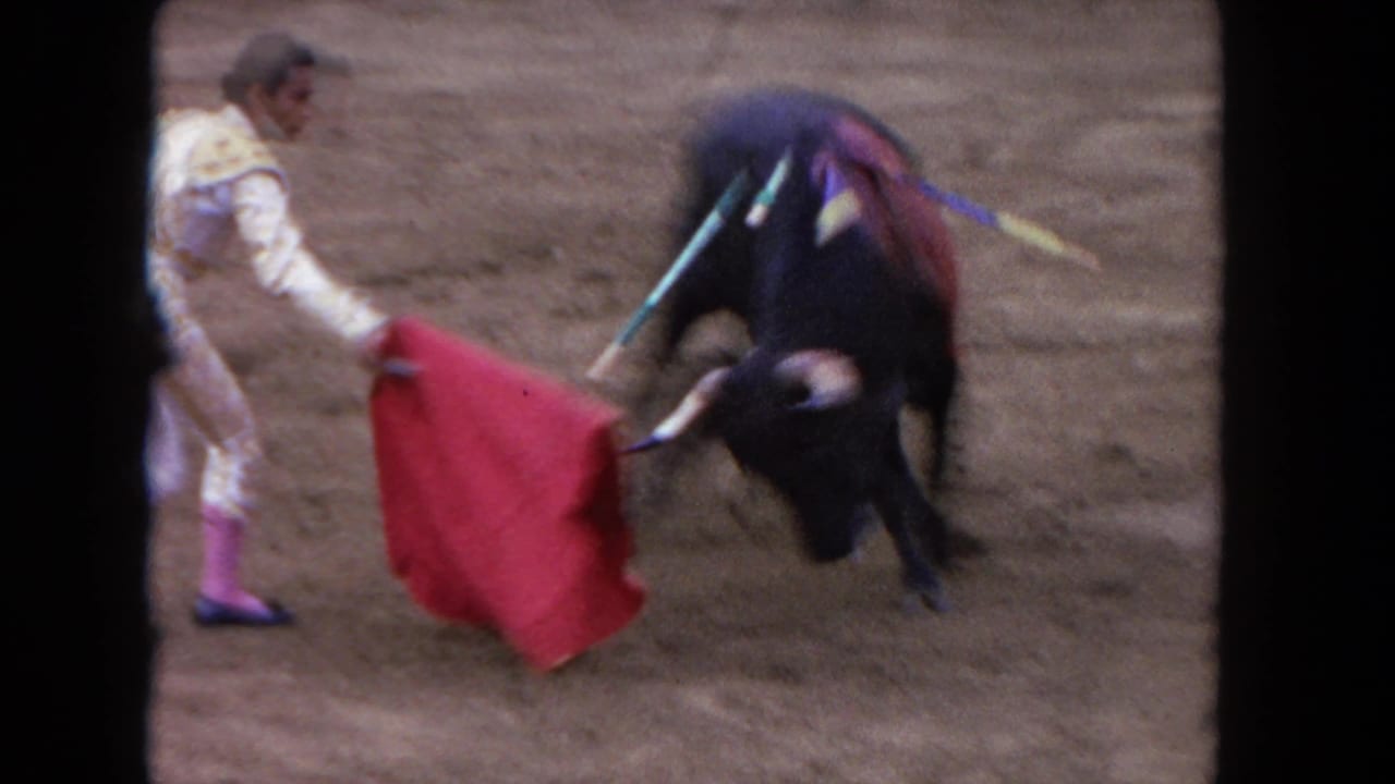 1960s 8mm close-up of a bullfight cape pass — matador in traje de luces holds a red muleta as a dark bull with colorful banderillas charges across a sandy arena.