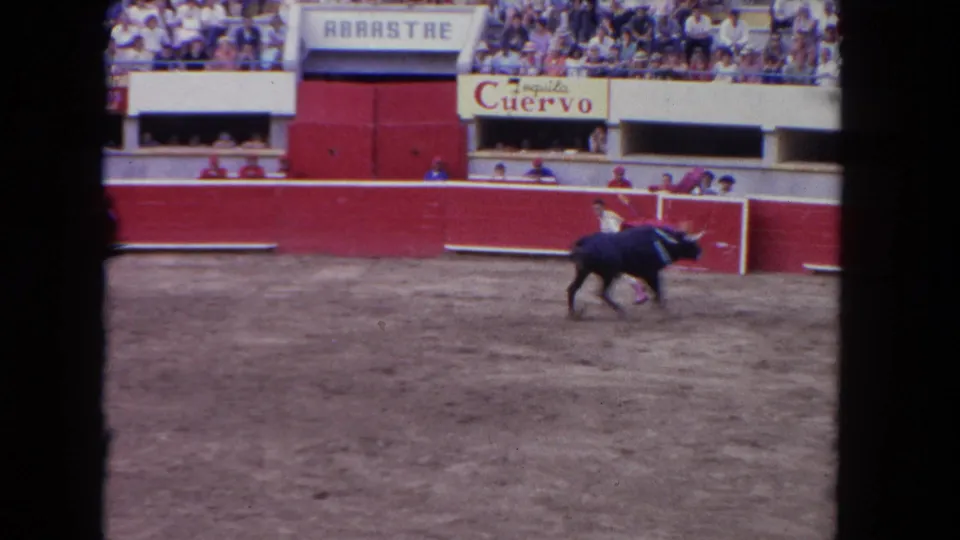 Wide 1960s corrida view: black bull and matador in sandy ring, spectator bleachers packed, prominent Tequila Cuervo sponsor banner and ARRASTRE sign above red barrera.
