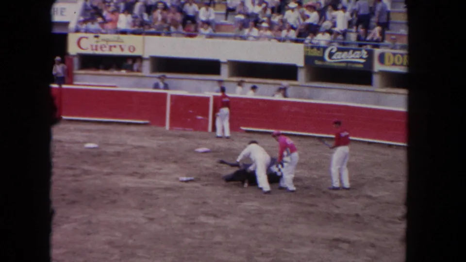 1962 Los Angeles 8mm frame showing attendants beside a bull on the dirt arena floor with red barriers, signage, and spectators behind them.
