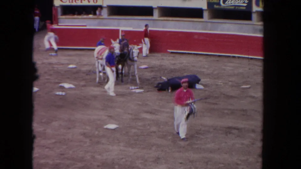 A man in red carries a checkered flag across the Los Angeles bullring while horses and attendants remain near the fallen bull.
