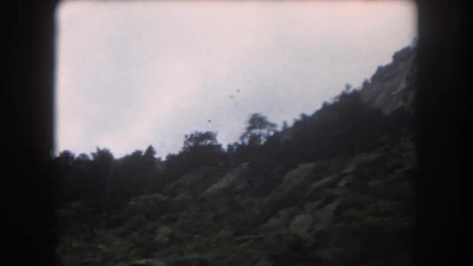 8mm color film of a rocky mountain slope and pine tree line under a pale overcast sky, likely Colorado Rockies, circa 1962.