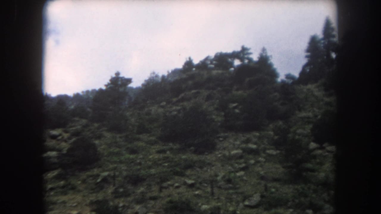 Rocky hillside with scattered conifers and low scrub, Summit County Colorado area, 1962 8mm home movie viewed from a moving vehicle.