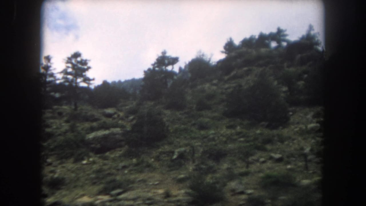 Rugged mountain slope with scattered conifers and boulder outcroppings, Summit County Colorado, 1962, shot from a moving vehicle on 8mm.