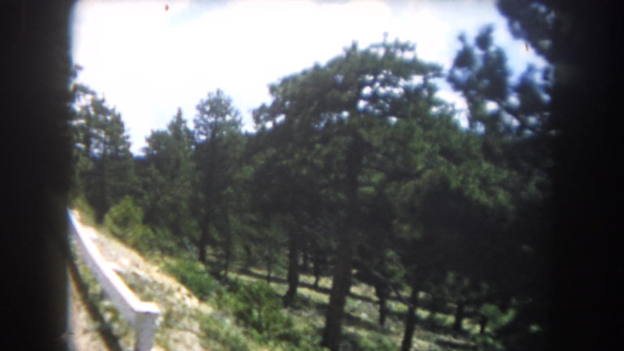 8mm home movie circa 1962 of a winding mountain road with white metal guardrail and pine forest, consistent with a Colorado Rocky Mountain highway.