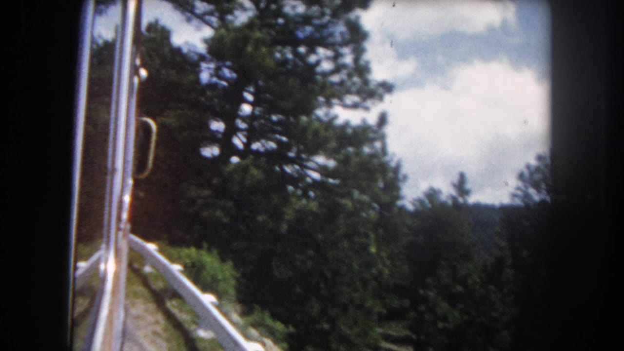 8mm color shot from a moving vehicle window showing dense pine forest and white metal guardrail on a Summit County, Colorado mountain road, circa 1962.