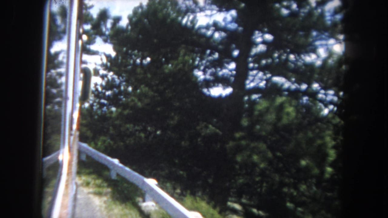 8mm color footage from a moving vehicle showing pine forest and white mountain-road guardrail under a partly cloudy sky, consistent with early 1960s Colorado Rocky Mountain road travel.