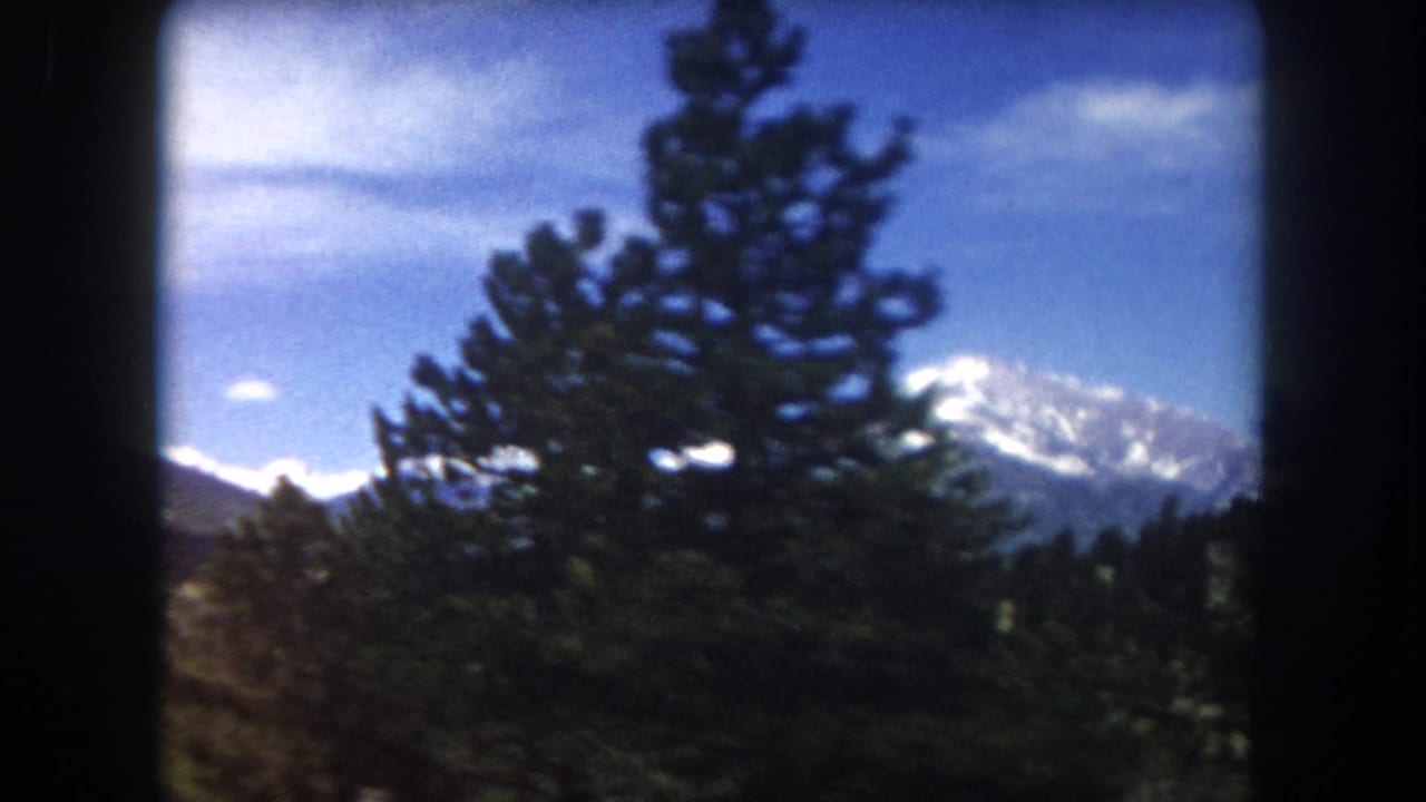 8mm home movie frame from 1962 showing a large conifer tree framing snow-capped Rocky Mountains in Summit County, Colorado.