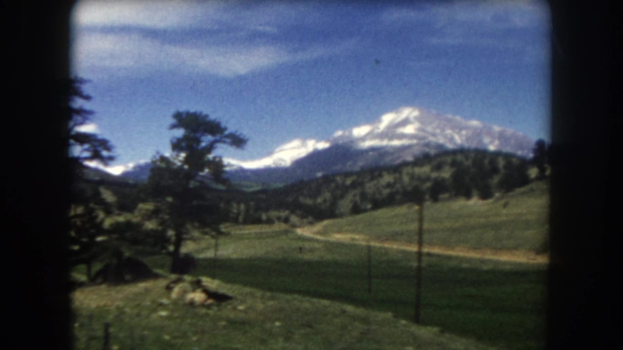 Snow-capped peaks above green rolling pasture with pine trees and a utility pole at right, 8mm film.