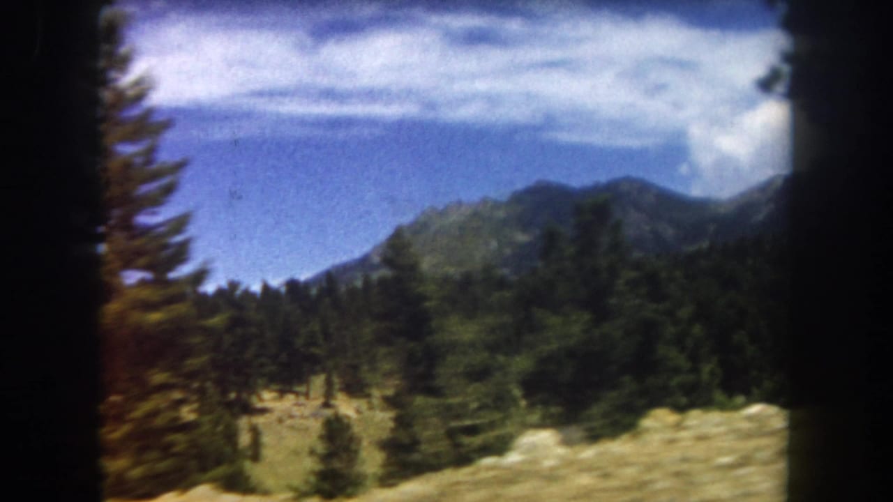 Moving 8mm shot through car window showing pine trees and a mountain range with orange-tinted understory.