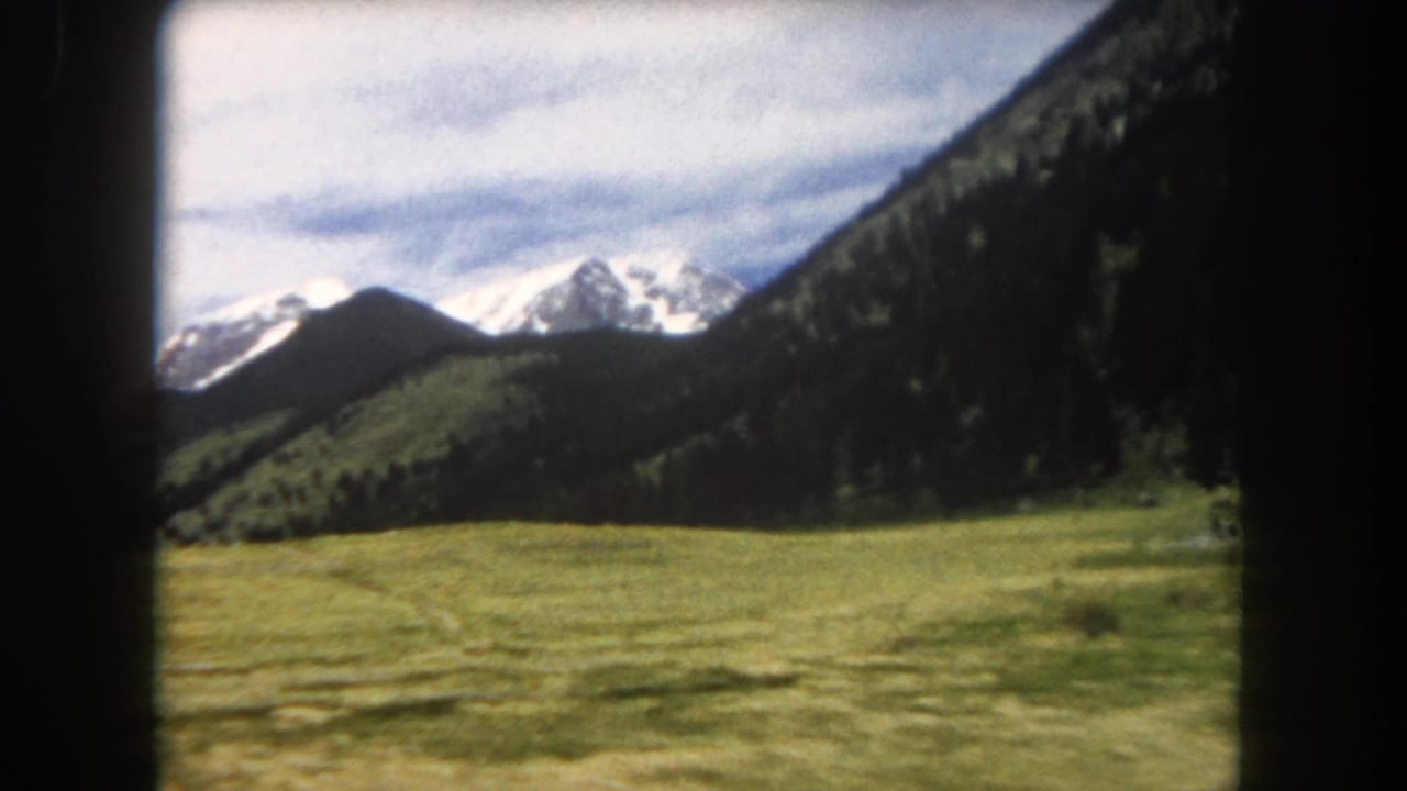 8mm film frame of an open mountain grassland with a dark forested ridge and snow-covered peaks in the distance, shot from a moving vehicle.