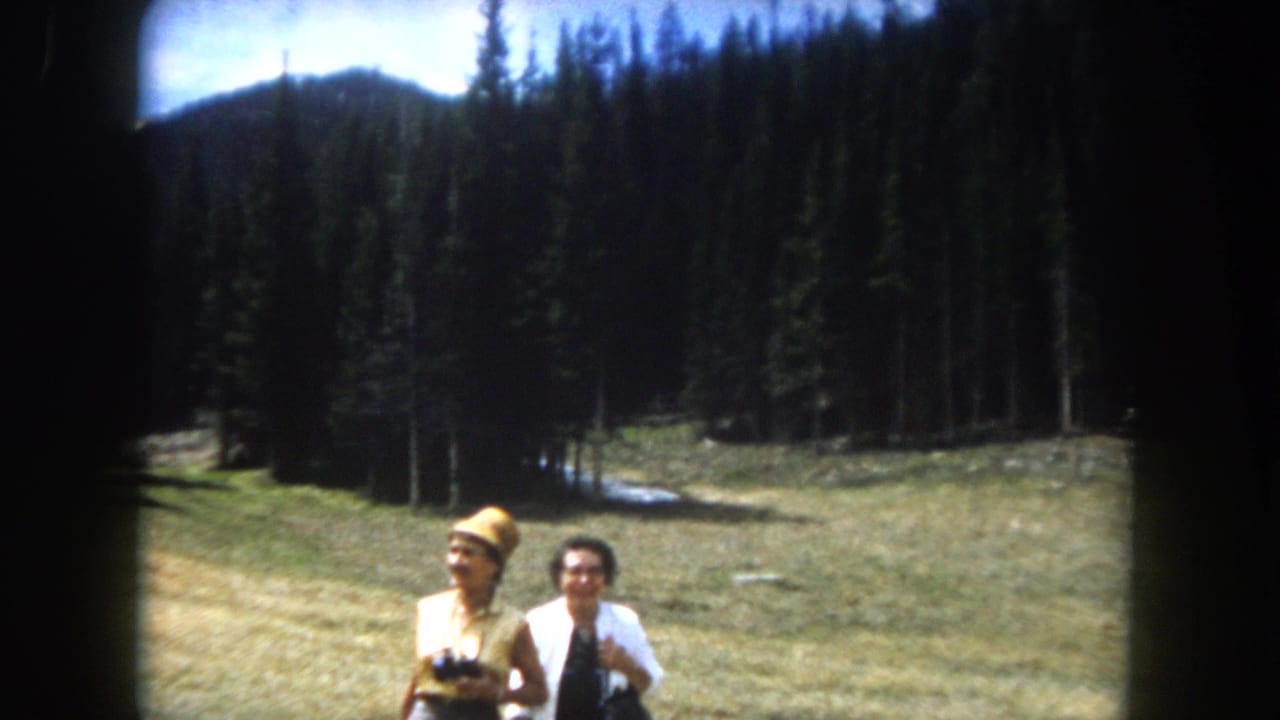 Two women in 1960s dress stand in a mountain meadow; one wears a yellow brimmed hat and holds binoculars, dense evergreen forest behind them.