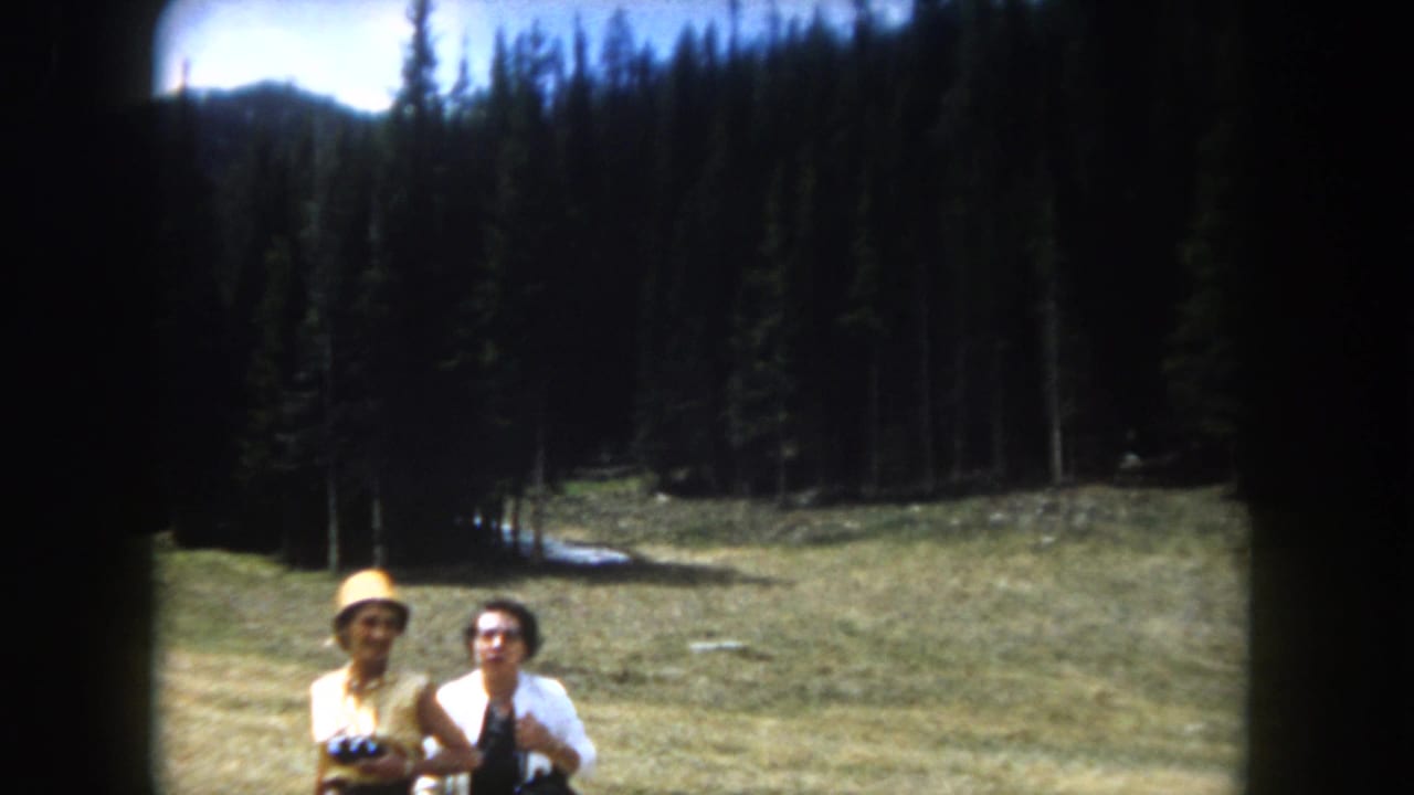 Two women in 1960s dress in an alpine meadow; one in a yellow hat, both facing camera, dense pine forest and mountain ridge behind.