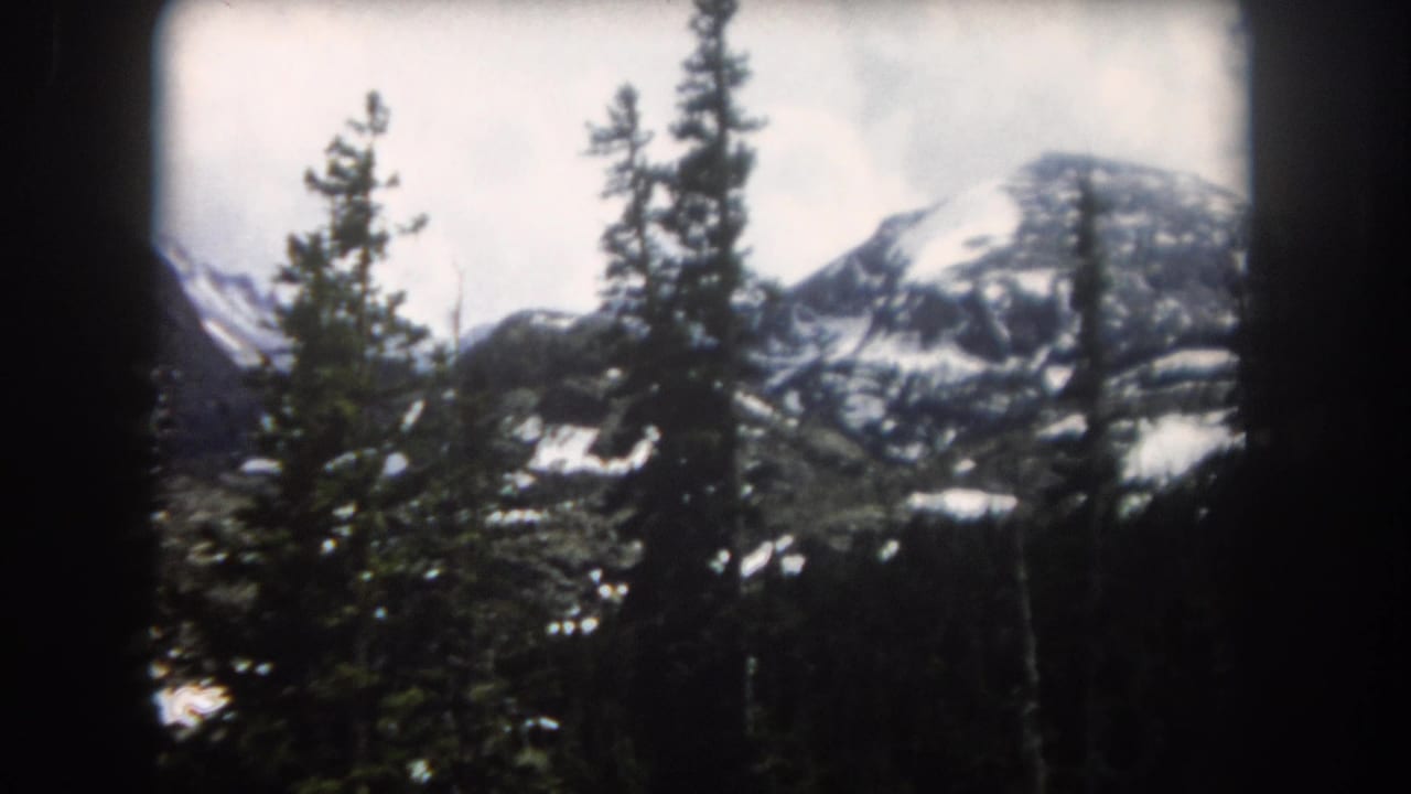 1962 Summit County, Colorado 8mm frame showing a snowy mountain peak behind tall evergreen trees and dark forested slopes.