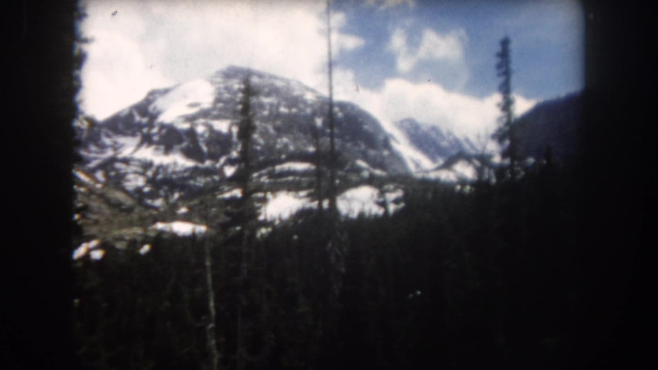 Snow-covered mountain peak above a dark pine forest under a partly cloudy sky.