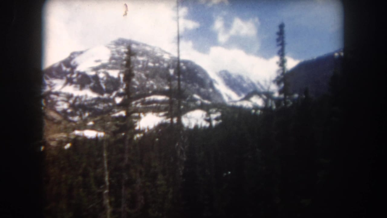 Snowy mountain ridge and pine forest seen through soft 8mm frame edges.
