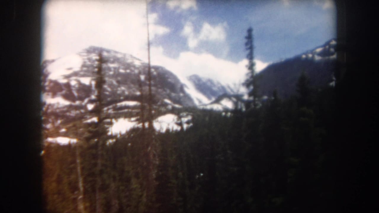Evergreen trees in front of snow-dusted mountain slopes under a partly bright sky.