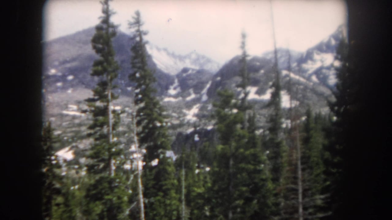 Alpine mountain view with conifer trees and dark 8mm frame borders.