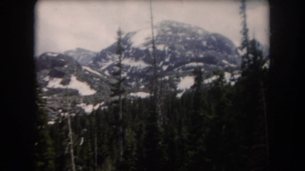 1962 Summit County, Colorado frame with snowy mountain slopes rising behind tall evergreen trees in soft 8mm color.