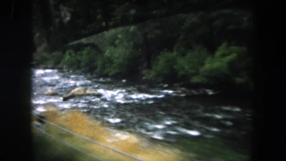 1962 Colorado home-movie frame showing rushing river water, roadside shoulder, fence lines, and forested banks.