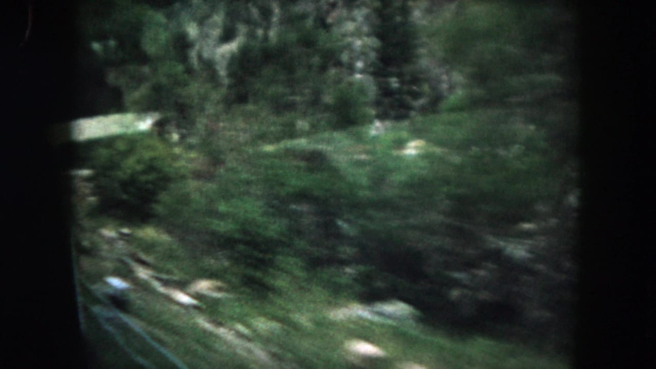 1962 Summit County car-ride footage showing a blurred green forest and roadside through the dark frame of a vehicle window.