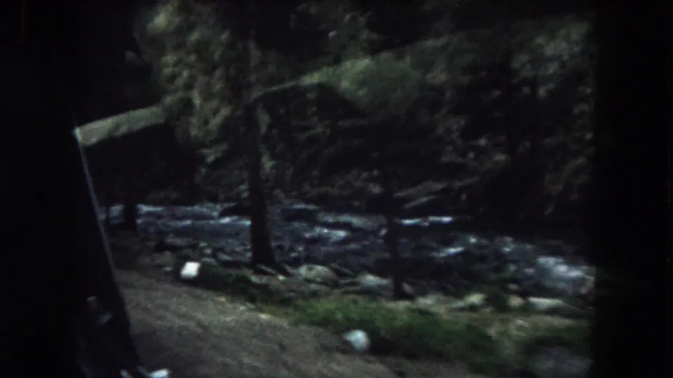 1962 Colorado travel footage frame showing a shaded forest bank, scattered rocks, and a mountain stream glimpsed through a car window.
