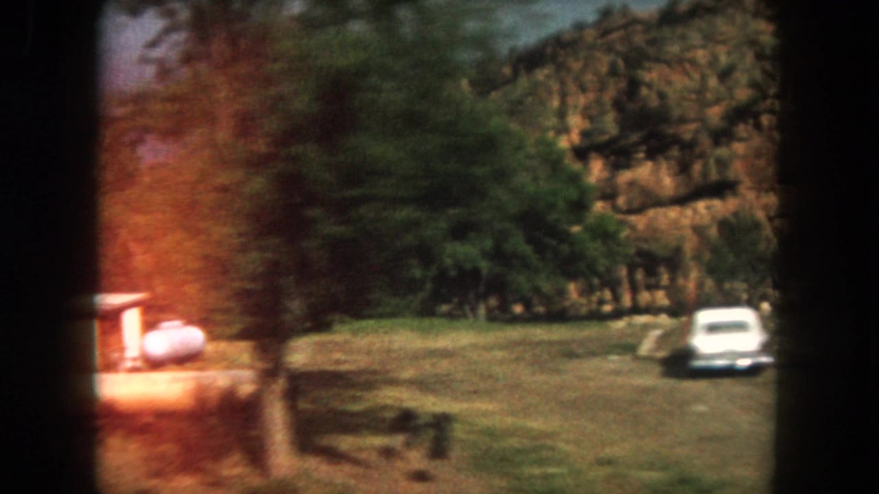 Light-colored vintage car parked near trees and rocky hillside.